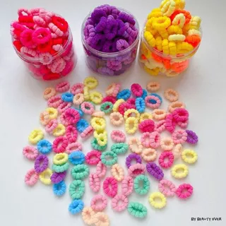 ส่งด่วนร้านไทย ยางรัดผมเด็กแบบกระปุก 100 เส้น ยางขนปุย หนังยางคละสีดอกไม้