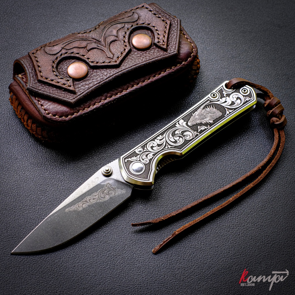 LAND 810 มีดพับ ของแท้ แกะใบลายไม้เลื้อย มาพร้อมซองหนังแท้ เย็บมือ จากช่างไทย knife folding knife