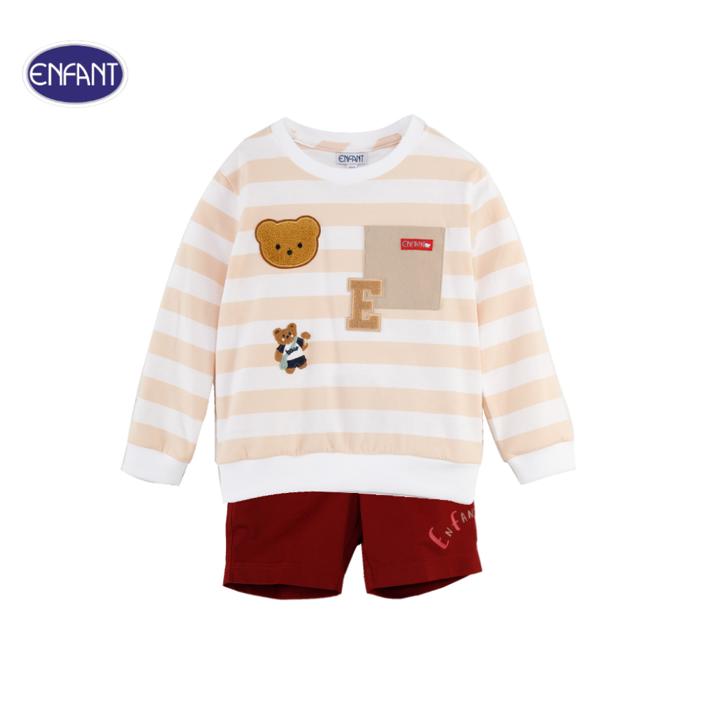 ENFANT (อองฟองต์) ชุดเสื้อยืดแขนยาว + กางเกงขาสั้น สำหรับเด็ก 1-2 ปี ลายหมี ผ้าคอตตอน 100% สีน้ำตาล