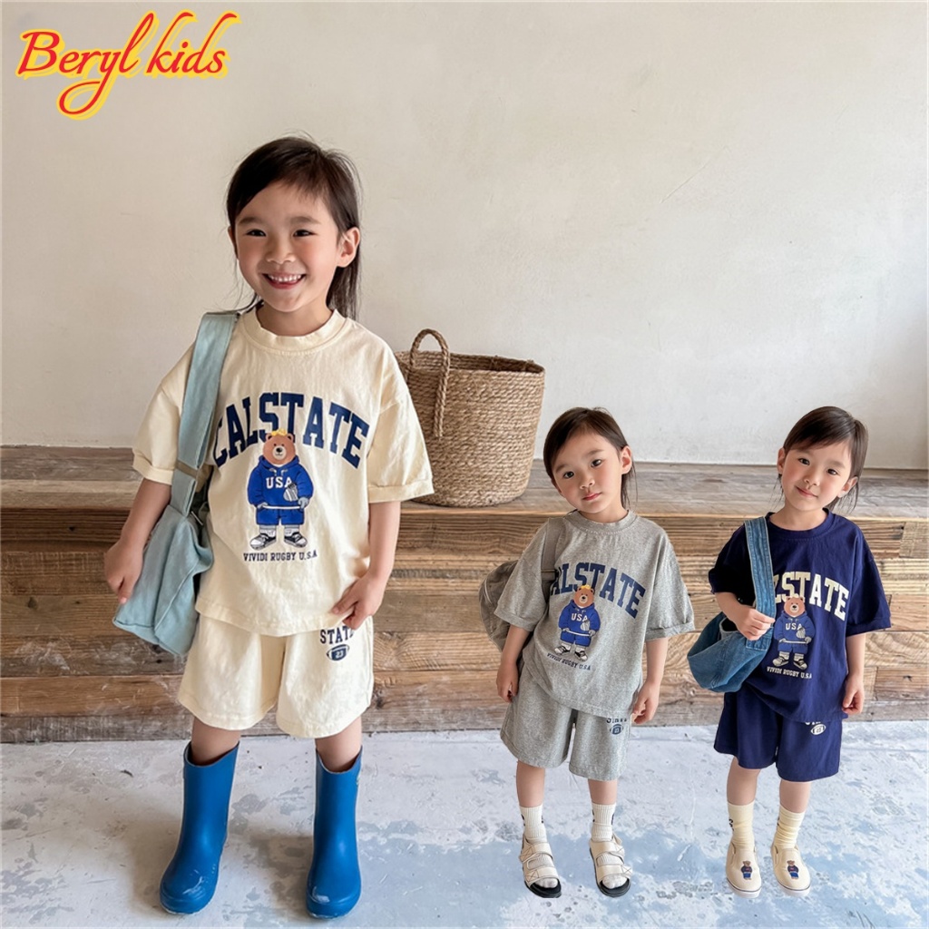 Beryl kids ชุดเซ็ทเด็กแฟชั่น ชุดสูทลําลองสําหรับเด็กฤดูร้อน พิมพ์ลายหมีน่ารัก ชุดสองชิ้น สไตล์เกาหลี ใส่สบาย ราคา ถูกที่สุด ดีลบีเคเค รูปภาพหลัก