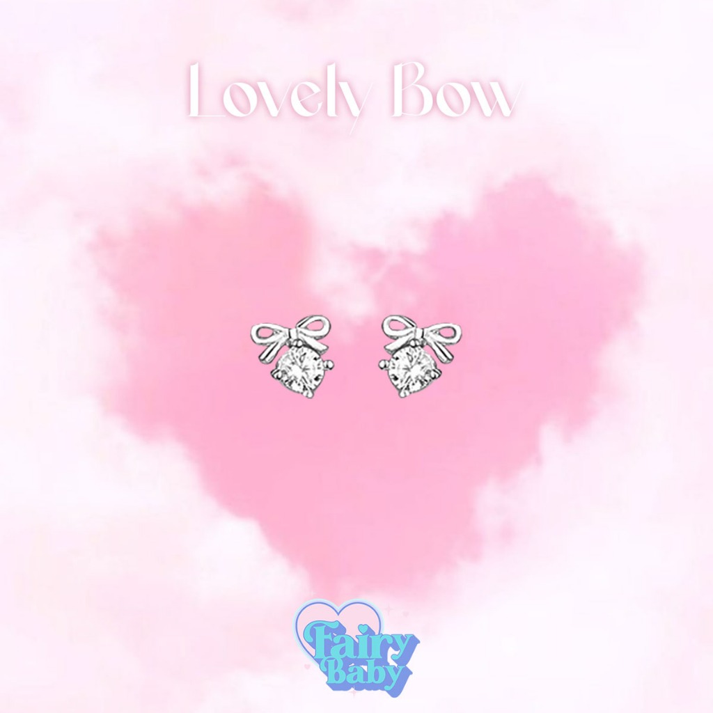 Fairybaby ต่างหู Lovely Bow ตุ้มหู รูปโบว์ ตุ้งติ้งเพชร เงินแท้  สวยมาก 1 คู่ 2 ชิ้น