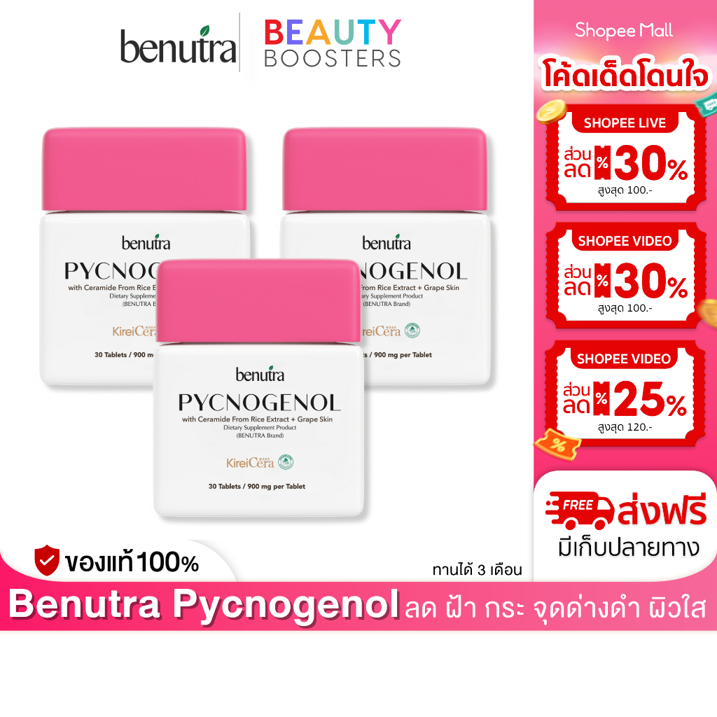 Benutra Pycnogenol Ceramide + Grape Skin 3 กล่อง โยเกิร์ต บีนูทร่า พิกโนจีนอล ลดฝ้า กระ จุดด่างดำ