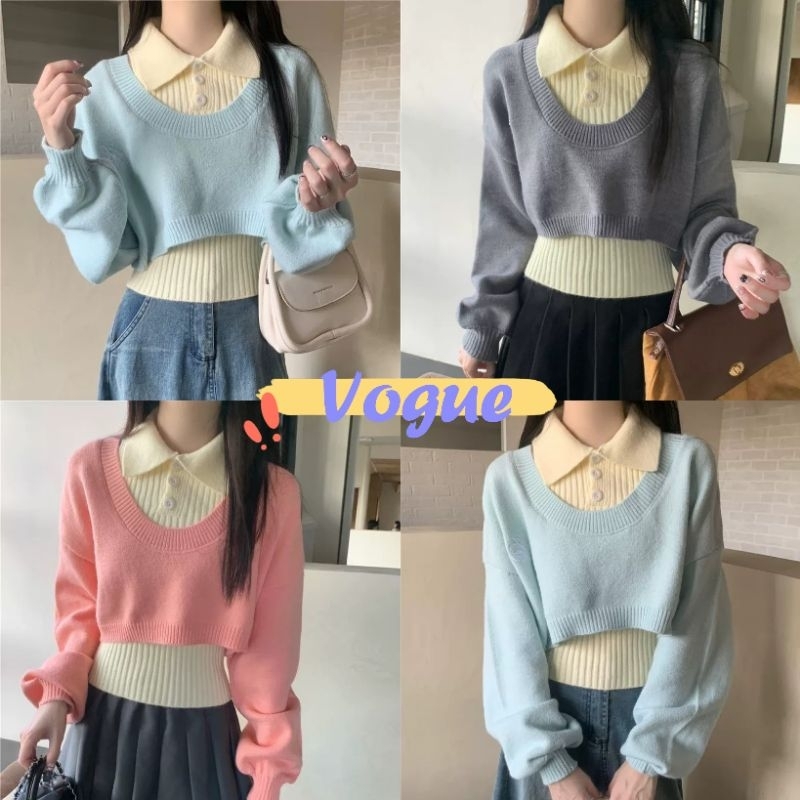 Vogue พร้อมส่ง เสื้อแขนยาวครอป +กล้ามไหมพรม สไตล์เกาหลี สีพาสเทล (CZ953)