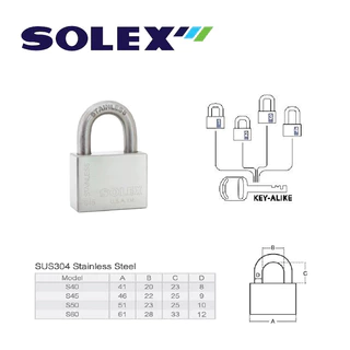 กุญแจSOLEX สแตนเลสแท้ทั้งตัว ระบบลูกปืนคีย์อะไลท์ (3และ4ตัวชุด)