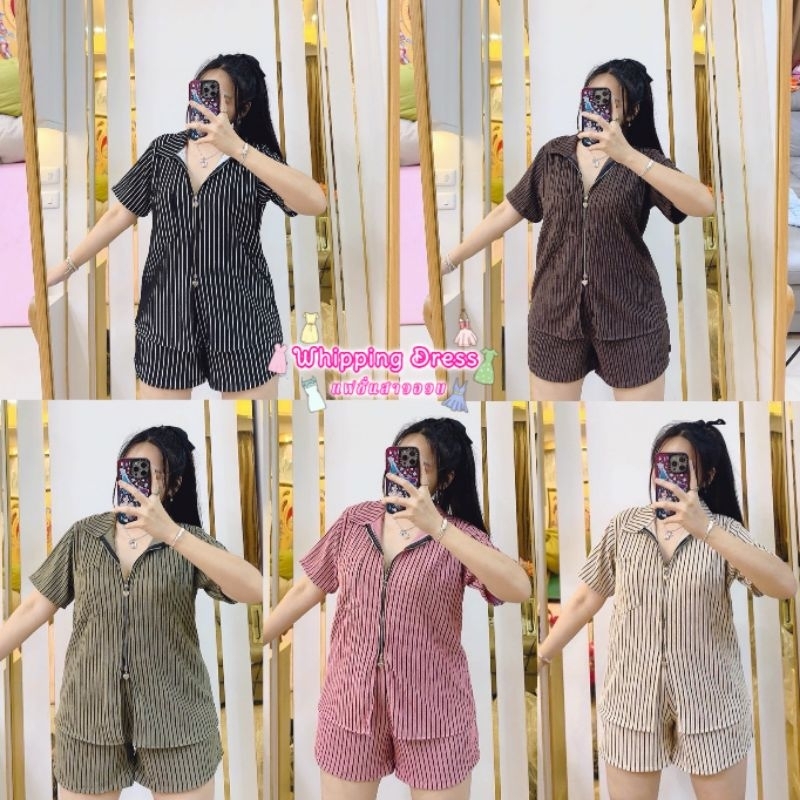 (EK)เซ็ตเสื้อคอปกแขนสั้นรูดซิปหน้าคู่กางเกงขาสั้นเสื้อผ้าสาวอวบอ้วนplussize