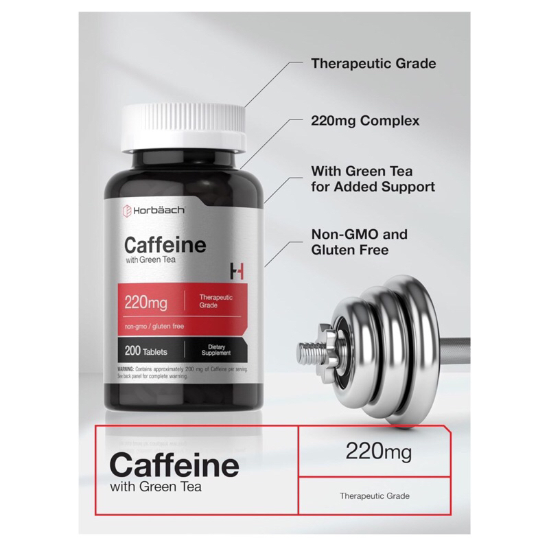 ( Horbaach ) CAFFEINE 200 MG➕GREEN TEA ( 200 เม็ด ) นำเข้าจากอเมริกา