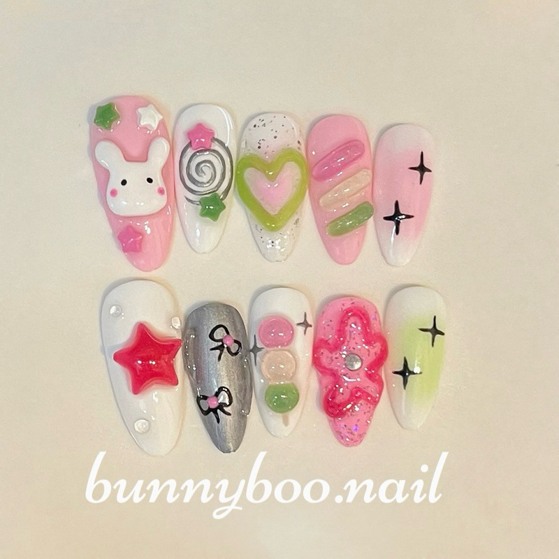 💅เล็บปลอมเจลปั้นนูน 🐰🍵緑茶🍡