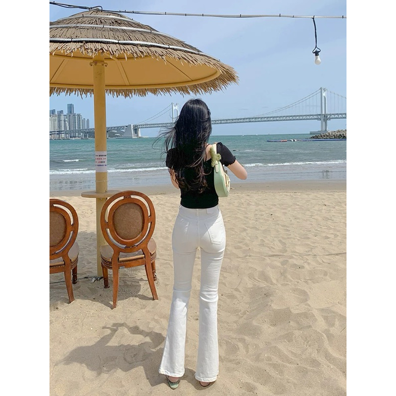 กางเกงยีนส์ขาม้าสีขาวผ้ายืด