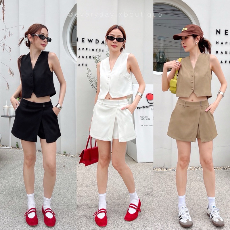 Old money vest set (S,M 500฿) เซ็ตเสื้อกั๊ก มาพร้อมกระโปรงกางเกง ดีไซน์ทรงป้ายหน้า ผ้าโพลีเอสเตอร์ amuse move on