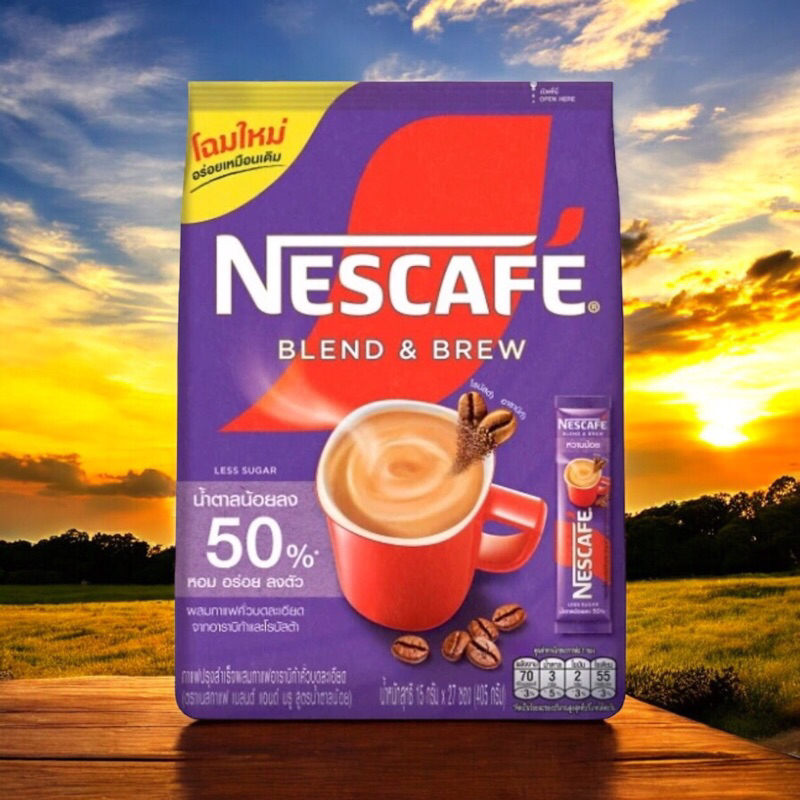เนสกาแฟ Blend&Brew น้ำตาลน้อยลง 50% กาแฟปรุงสำเร็จผสมอาราบิก้าคั่วบดละเอียด (15กรัมx27ซอง) Nescafe