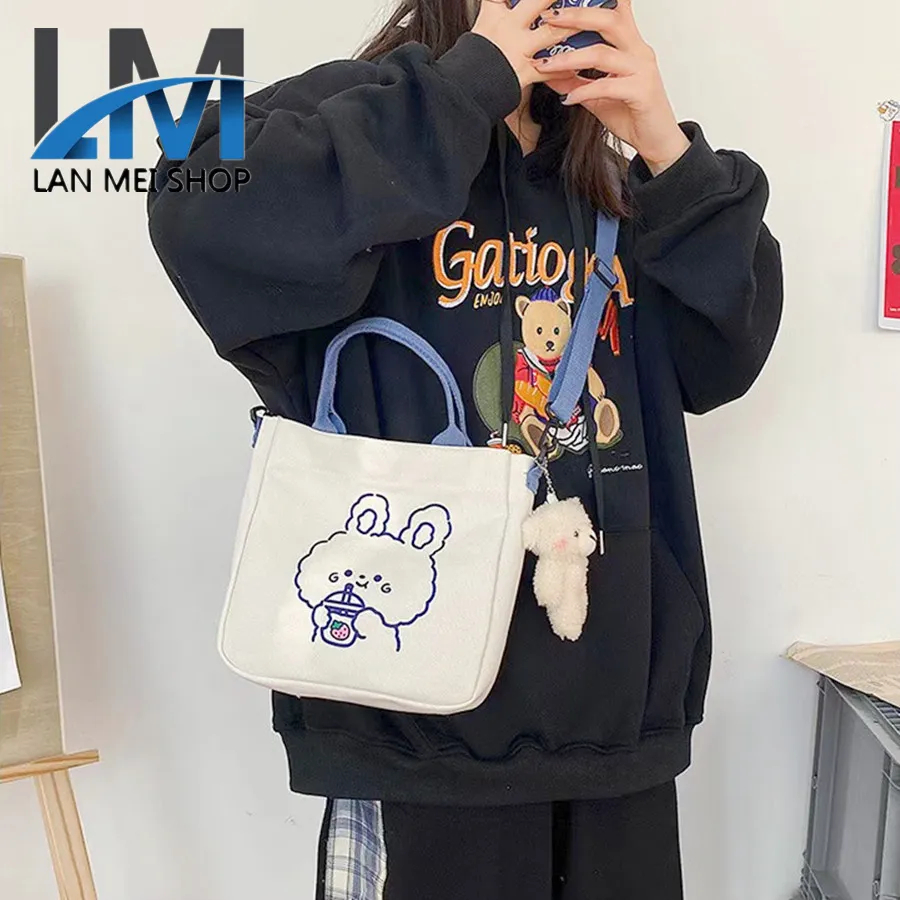 LM---248--กระเป๋าถือผ้าแคนวาสลายการ์ตูนกระเป๋าสะพายไหล่ลำลองของผู้หญิงกระเป๋านักเรียน