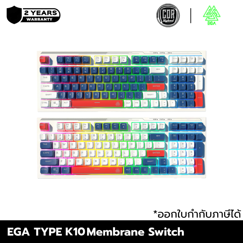 EGA TYPE K10 [คีย์บอร์ด Membrane Switch ปุ่มยาง ] ไฟ RGB เสียงเบา ปุ่มนุ่ม แป้นไทย|อังกฤษ | ประกันศูนย์ไทย 2 ปี
