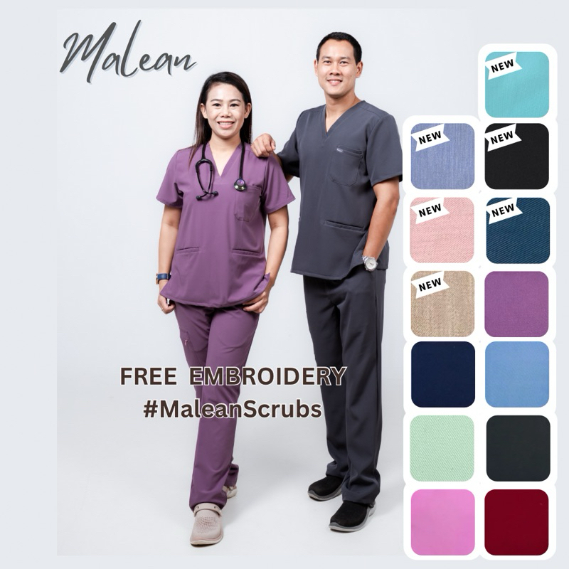 🌟Malean Scrubs ชุดสครับ เสื้อพร้อมกางเกง ✅ ปักชื่อหน้าอกให้ฟรี 🌟ดีไซน์ USA ผ้าFlexy spandex หนานุ่ม 