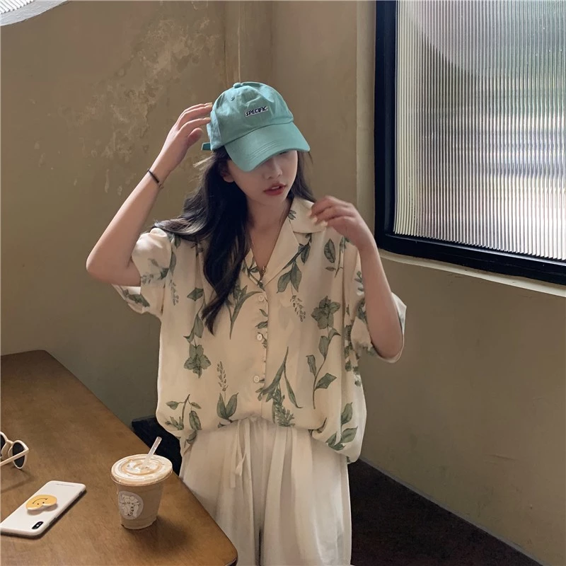 เสื้อเชิ้ตลายดอกผู้หญิง แขนสั้น ผ้าชีฟอง ลายใบไม้ร่วง รุ่น w376 thumbnail 8