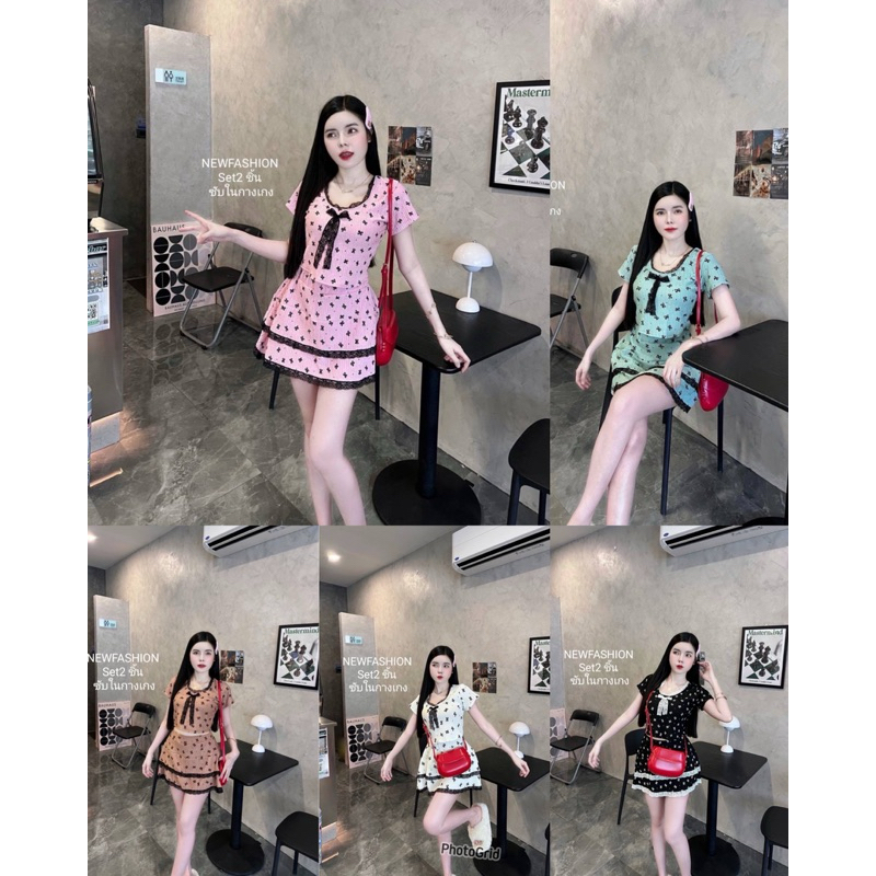 Mnv_shop Set2 ชิ้น เสื้อแต่งลูกไม้โบว์ +กระโปรง ซับในกางเกงผ้ายืดเนื้อดี ทรงสวยน่ารัก มาก