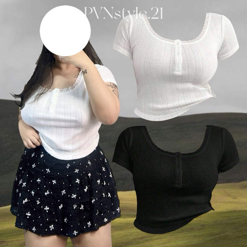 (ไซส์ใหญ่) 🐰 เสื้อครอปแขนสั้นสาวอวบผ้าร่องฉลุ อก 38-50