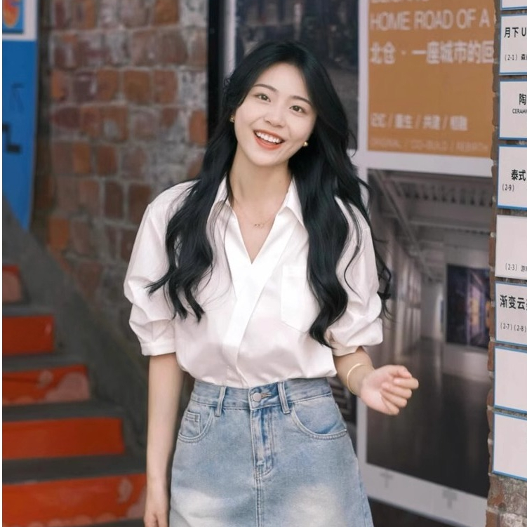 Shirt PBB203 เสื้อเชิ้ดผ้าไหมอิตาลี แขนพองสามส่วนสไตล์เกาหลี คอปกสีขาว ใส่ได้ทุกโอกาส