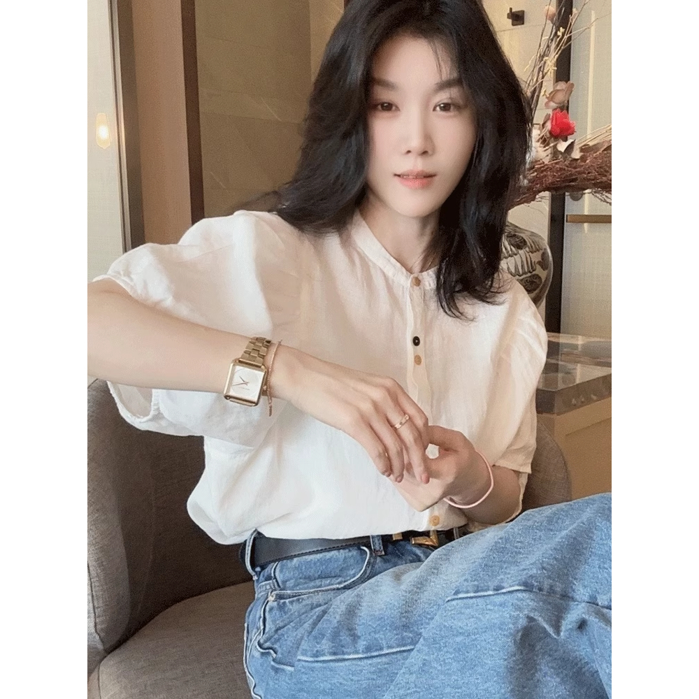 เสื้อเชิ้ด รุ่น PBB5066 แขนพองสไตล์เกาหลี คอปกสีขาว แขนสั้น กระดุมหน้า ฟรีไซส์ อก46  ผ้าใส่สบาย - รูปที่ 7