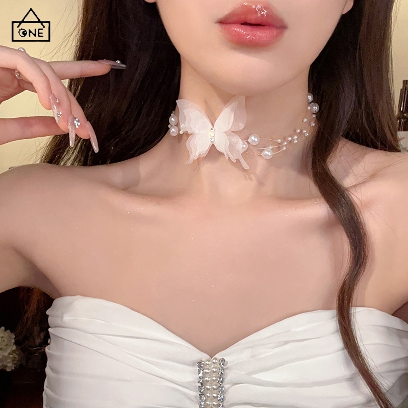 COD❤️สร้อยคอโบว์ริบบิ้นมุกจี้ผีเสื้อหรูหราสไตล์เกาหลีแฟชั่นหวานเครื่องประดับสำหรับผู้หญิง-a.one