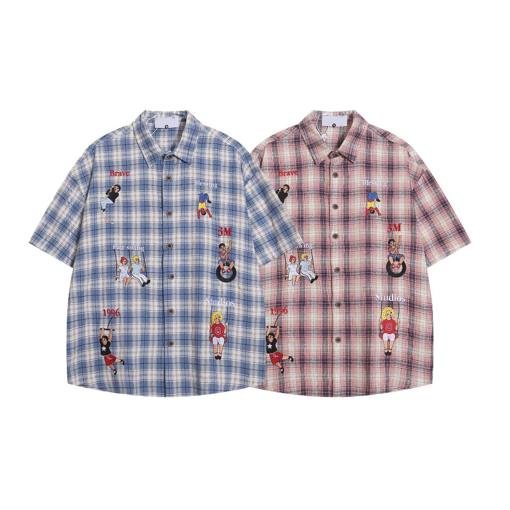 IBB 1996 SCOTT SHIRTS เสื้อเชิ้ตแขนสั้นลายสก๊อตปักลายน่ารักๆทั้งตัว