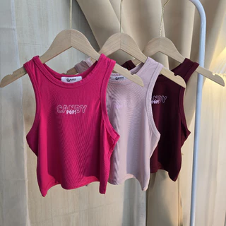 Spinnyhouse เสื้อครอปกล้าม ผ้าเรย่อน ทรงรัดรูป สกรีนลาย ใส่แล้วกระชับพรางหุ่น สาวอวบก็ใส่ได้ พร้อมส่ง รุ่น กล้ามCandypop
