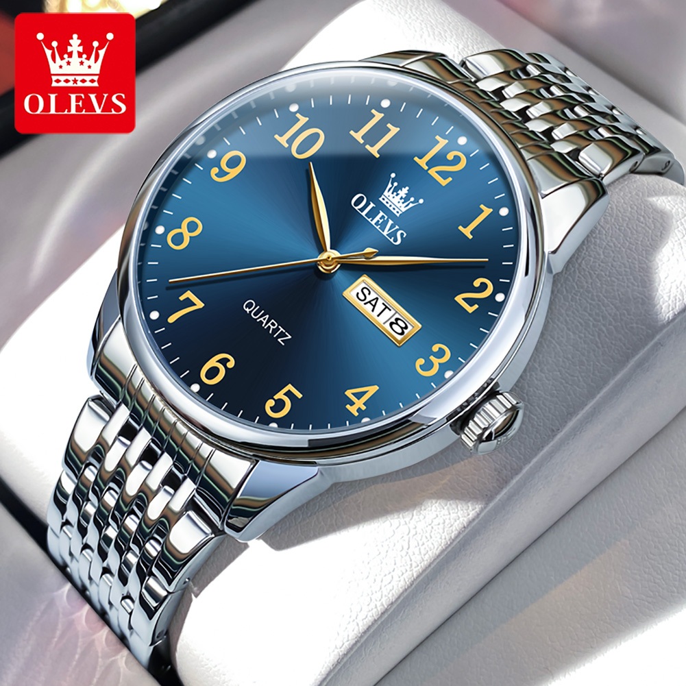 OLEVS นาฬิกาผู้ชาย กันน้ำ100% แท้ ธุรกิจ ปฏิทิน นาฬิกาข้อมือผู้ช ดูวันที่ เรืองแสง สายสเตนเลส นาฬิกาข้อมือควอตซ์ ผู้ชาย