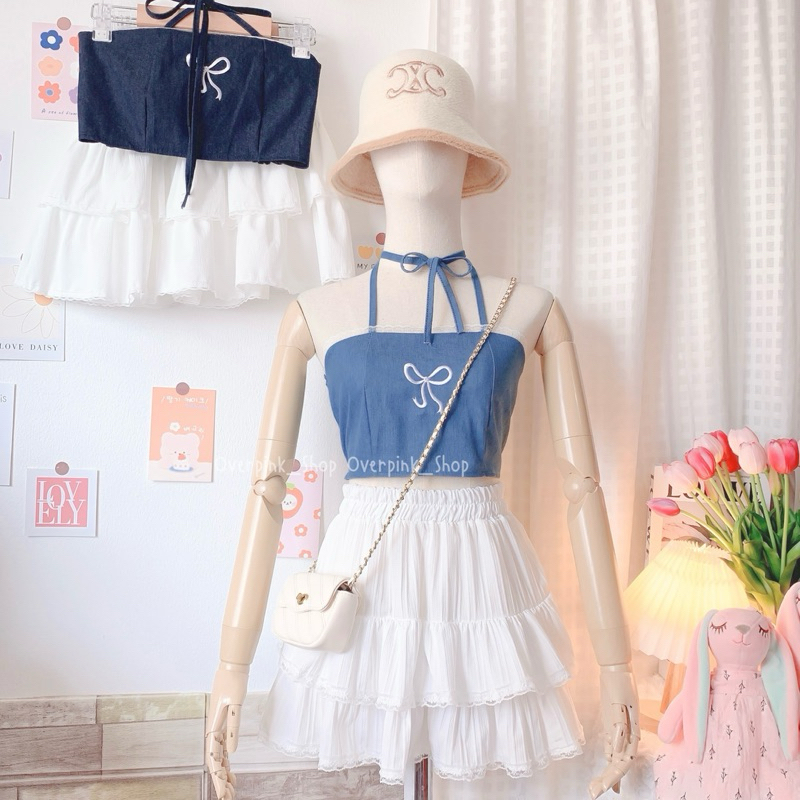 OVP ชุดเซ็ต 2ชิ้น เสื้อเกาะอก+กระโปรง สุดคิวท์ เสื้อยีนส์