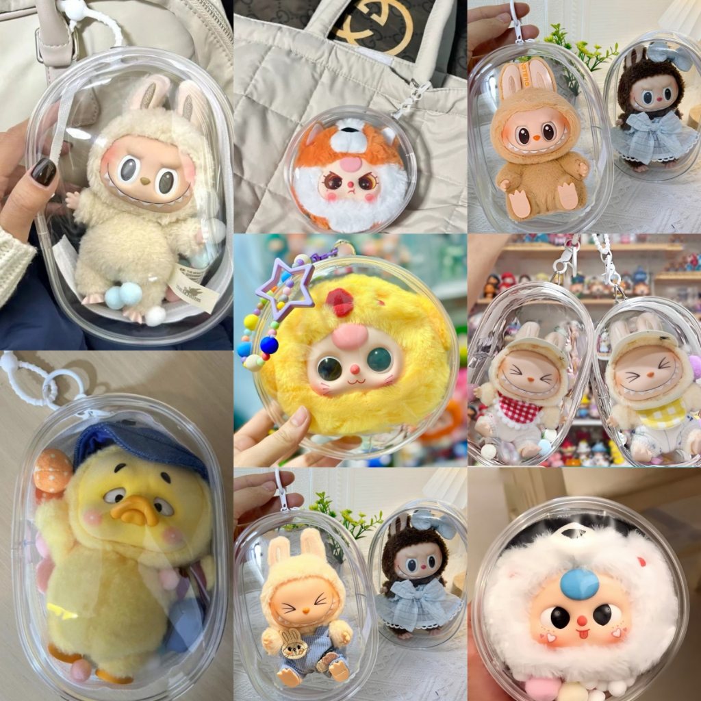 กระเป๋าใส่ลาบูบู้ กระเป๋าตุ๊กตาไวนิล พวงกุญแจ PVC แบบใส หนา กันฝุ่น แฟชั่น มาการอง popmart upset duck baby three
