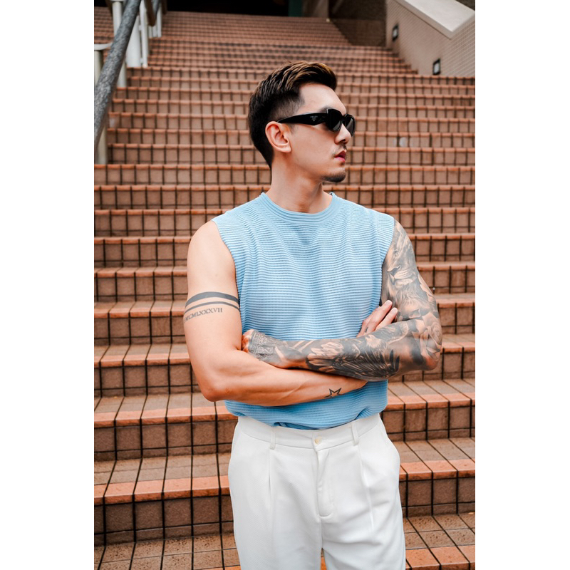 ROBMAN เสื้อแขนกุดตาข่าย ผู้ชาย style เกาหลี สายฝอ สีฟ้า RM3002 สำหรับผู้ชายเท่ๆ ผ้านุ่ม ใส่สบาย คัตติ้งดี