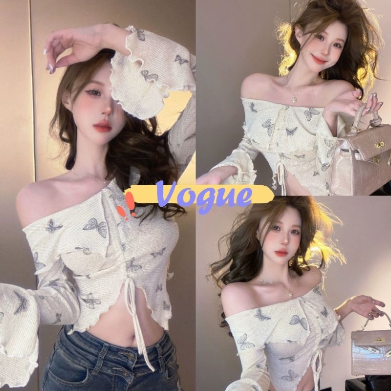 Vogue พร้อมส่ง เสื้อไหมพนมเปิดไหล่ แขนยาว ผ้าร่องลายคิ้วๆ ยืดตามตัว รูดหน้า (59031-1)