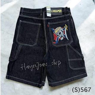LIWIZ กางเกงยีนส์ขาสั้น ทรง SKATER ขากว้าง เป้าซิป เอว 28-36 ปักลายกระเป๋าหลัง