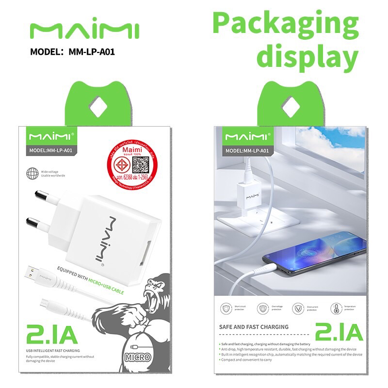ชุดชาร์จMaimi รุ่นLP-A01(กล่องขาว)มี มอก.2.1A for IP Micro type-c (มอก.62368 เล่ม1-2563)