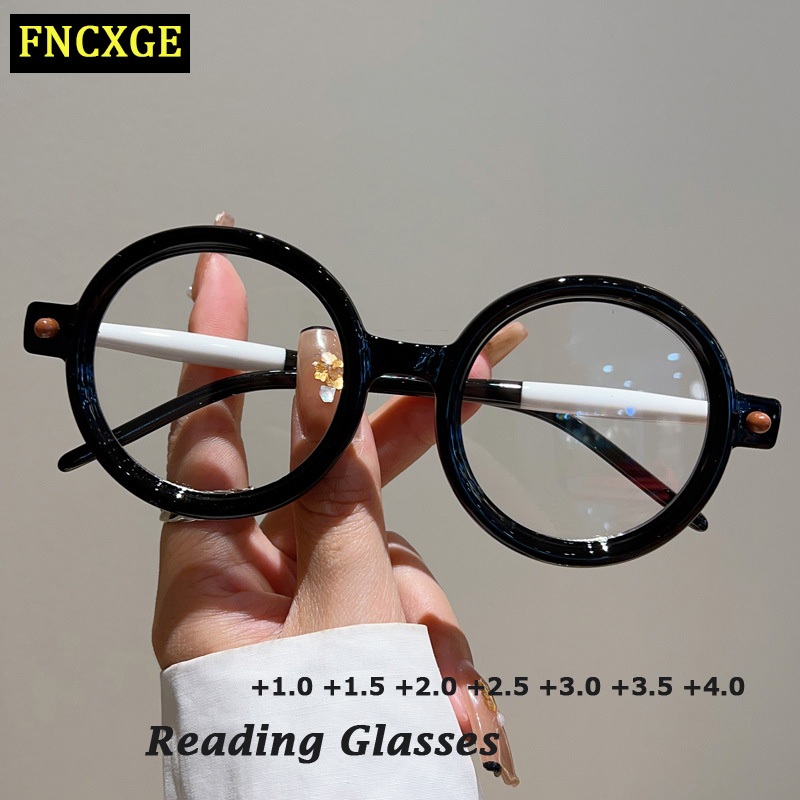 FNCXGE แว่นตากรองแสงสายตายาว 1.0 ถึง +4.0 ผู้หญิง แฟชั่น แว่นทรงกลม ผู้ชาย สไตล์วินเทจ กรองแสงมือถือ ป้องกันรังสี