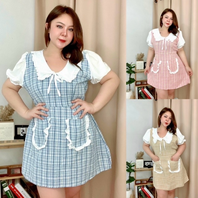 เดรสทวิตสาวอวบ แฟชั่นสาวอวบ อก 40-44” หน้าผ้า 46“ แต่งกระดุม แขนสั้น ผ้าทวิตทั้งตัว