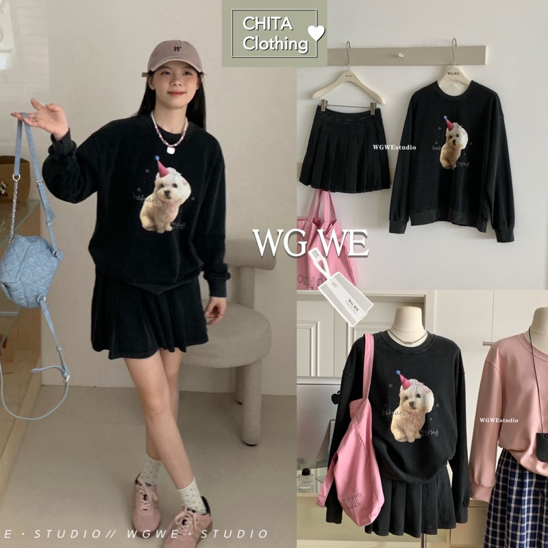 9609# Set 2 pcs เสื้อ Sweater สกรีนลายช่วงอก + กระโปรง อัดพลีทรอบตัวงานซิปข้าง ซับในกางเกง  TAG:WG.W