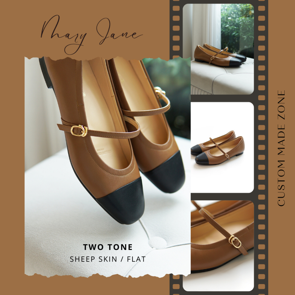 (CUSTOM MADE) EARL GREY รองเท้าหนังแกะแท้ หนังนิ่ม พื้นนุ่ม มีซัพพอร์ต รุ่น Mary Jane series (Two tone/Normal Color)