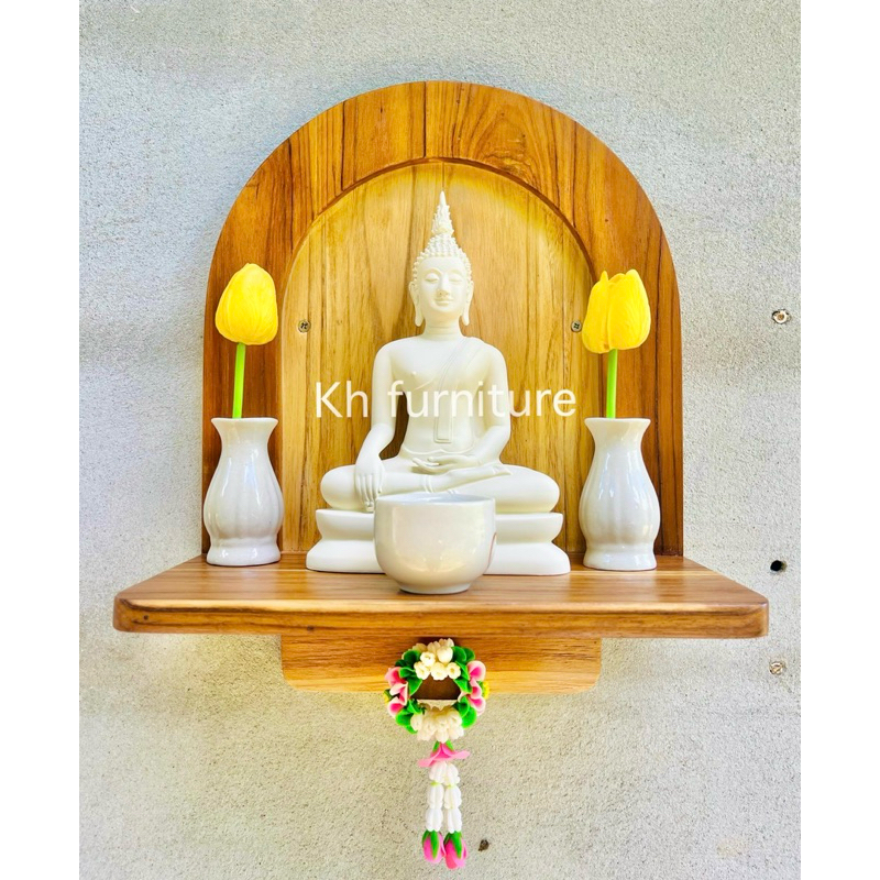 หิ้งพระติดผนังมินิมอล ไม้สักทอง วางพระหน้าตัก 5 นิ้ว (ในรูปพระหน้าตัก 5นิ้ว)
