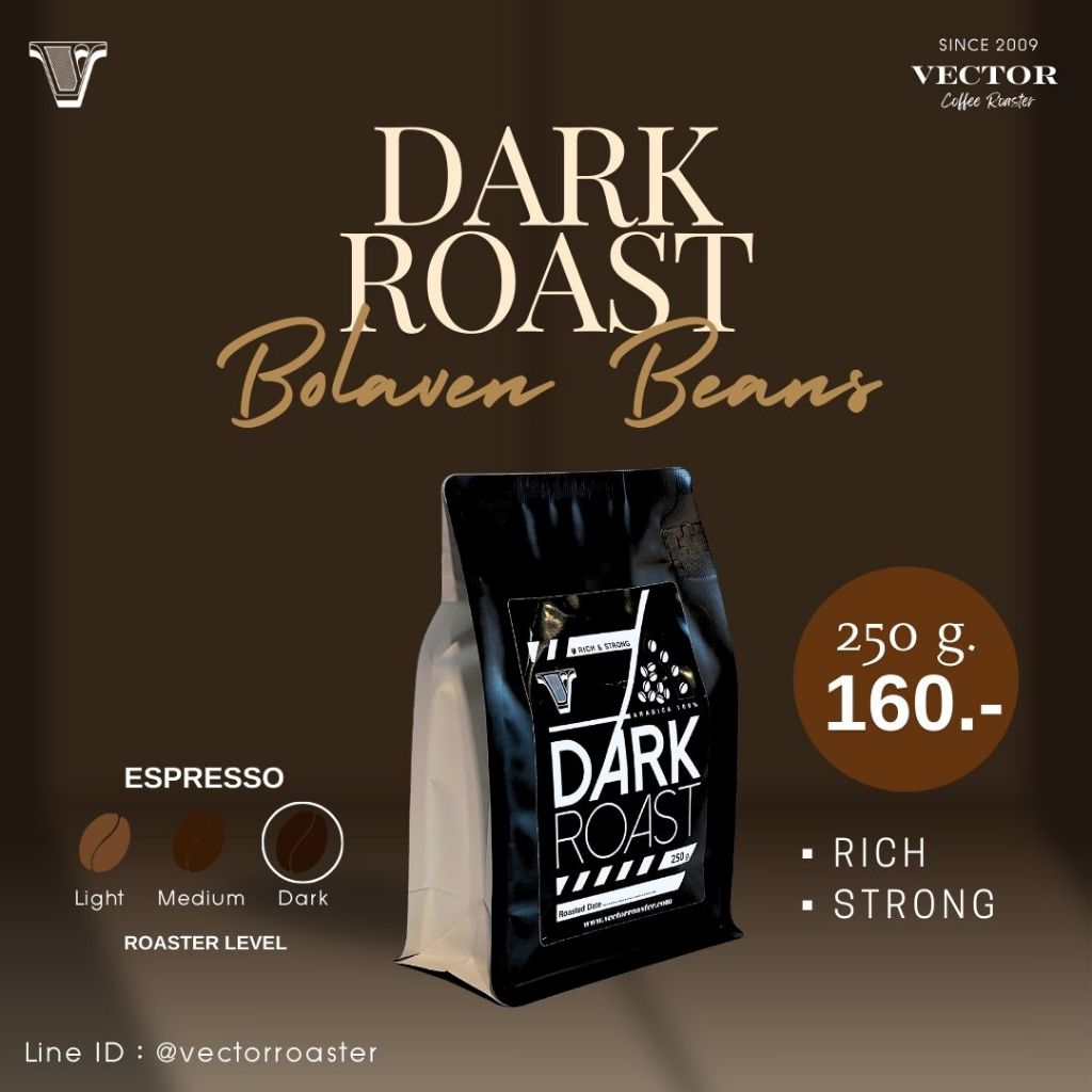 VECTOR : เมล็ดกาแฟคั่วเข้ม (อราบิก้า 100% จากโบโลเวน เกรดพรีเมี่ยม) 250 กรัม