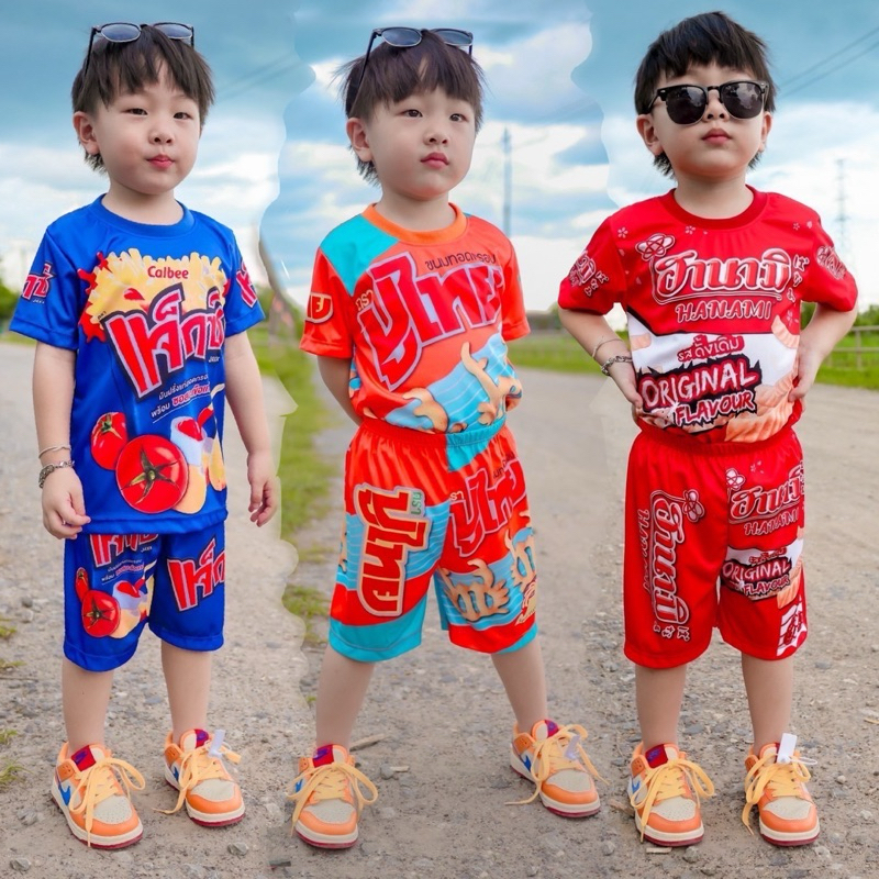 ชุดเซ็ทรุ่นขนม เสื้อแขนสั้น+กางเกงขาสั้น ชุดเด็ก ลายการ์ตูน ผ้าไมโครไฟเบอร์