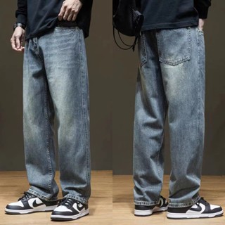 กางเกงยีนส์วินเทจชาย กางเกงยีนส์ทรงกระบอก ขายาว แต่ง เฟด ผ้า…