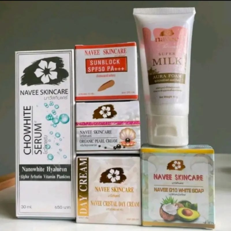 NaveeSkincare เซ็ทครบชุด6p เซรั่มหน้าเด็ก_เดย์ครีม_กันแดดหน้าเนียน ครีมไข่มุกออแกนิคสเต็มเซล สบู่คิวเทนฯ.โฟมล้างหน้า40g