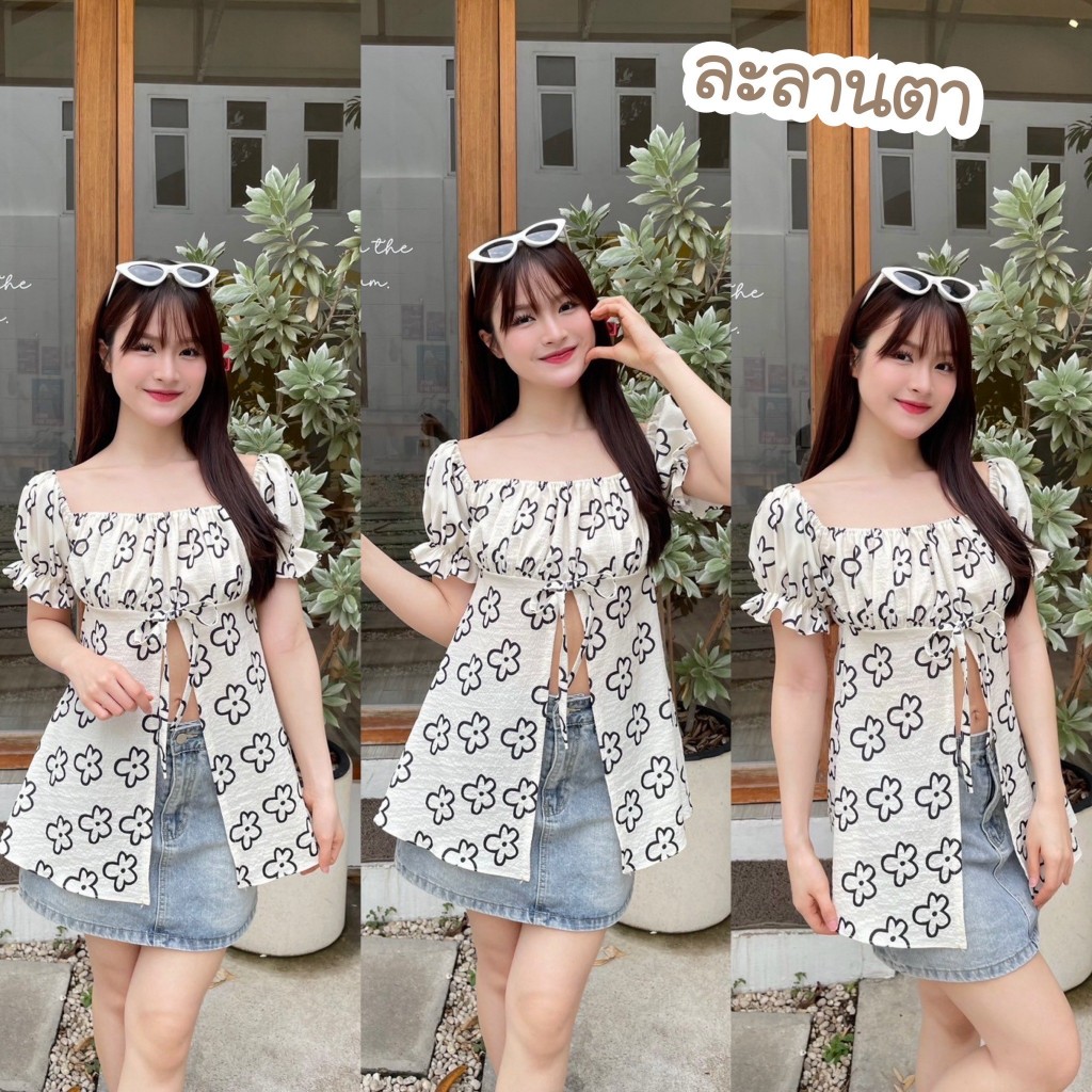 [พร้อมส่ง] เสื้อตัวยาวลายดอกลายโบว์ มินิมอล ผ้าเปลือกไม้ #FF18