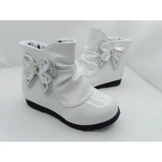 Ma243(size 26-36)รองเท้าบูทแฟชั่นสไตล์เกาหลีงานหุ้มข้อมีซิปข้างติดโบว์สวยงามปี 2 สีดำเงา ขาวเงา