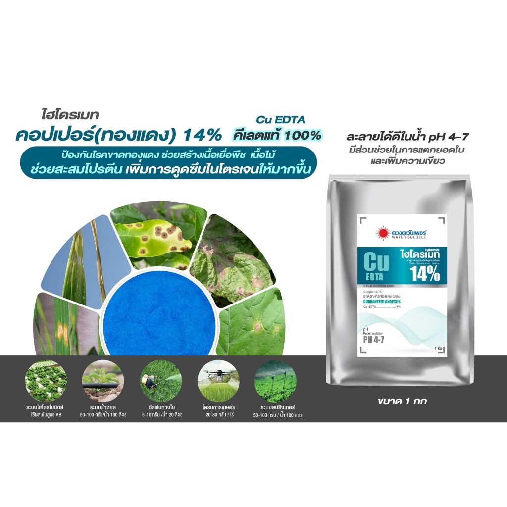 ไฮโดรเมท Cu-EDTA (14%)-คอปเปอร์ (ทองแดง) คีเลตแท้ 100% ละลายได้ดีในน้ำ pH 4-7 -ดวงตะวันเพชร