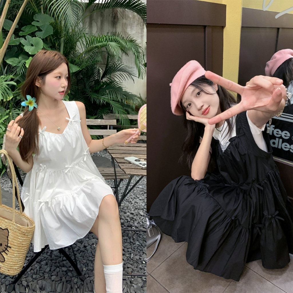 Beryl 🌻 ชุดเดรสแขนกุดผูกโบว์สามมิติสีพื้น 🎀 กระโปรงทรงเค้กหลวมๆ