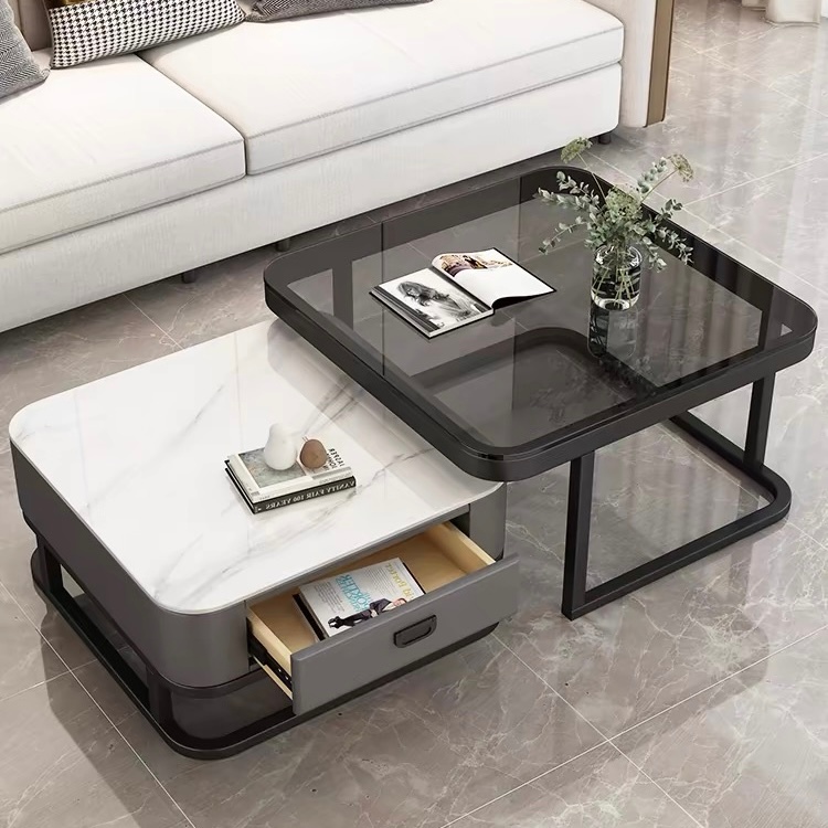 โต๊ะกลางโซฟา โต๊ะรับแขก กระดานหิน + แก้ว โต๊ะกาแฟ โต๊ะกระจก  สีดำ/โกลเด้น หลายวิธีรวมกัน