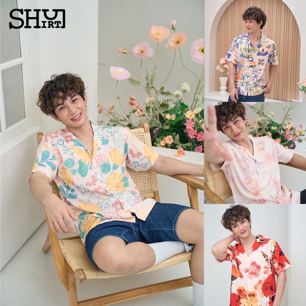 เสื้อเชิ้ตฮาวาย เสื้อผู้ชาย ลายดอกไม้ ผ้าไหมอิตาลี่ ผ้านุ่มใส่สบาย ลายต่อทั้งผืน พร้อมส่ง