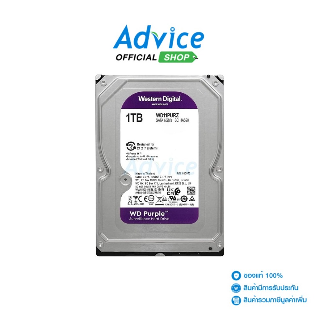 WD 1 TB HDD CCTV PURPLE (5400RPM, 64MB, SATA-3, WD11PURZ) - A0154795