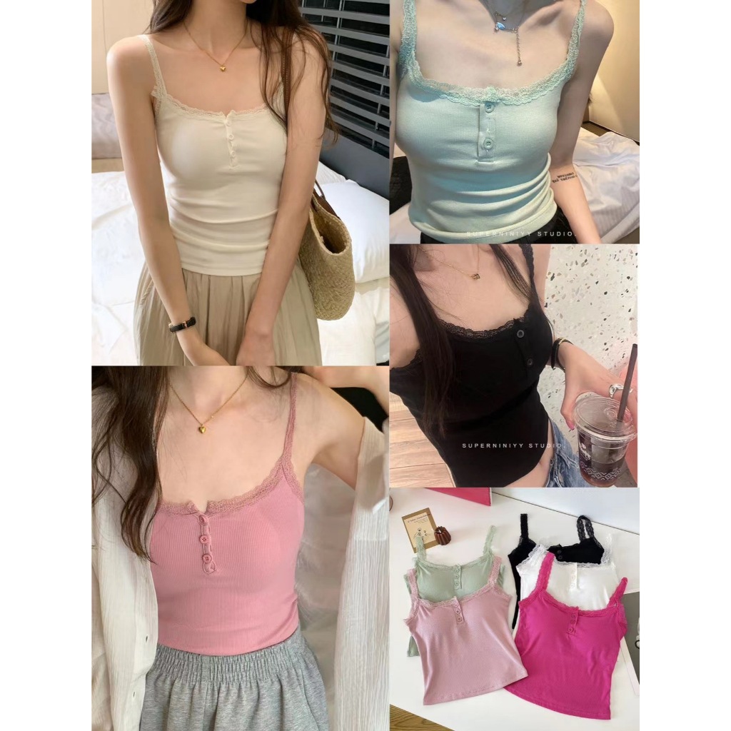 สายเดี่ยว เสื้อสายเดี่ยว ลูกไม้ลูกไม้ สไตล์เกาหลี ไอเท็มที่ต้องมีสําหรับเด็กผู้หญิง#11216