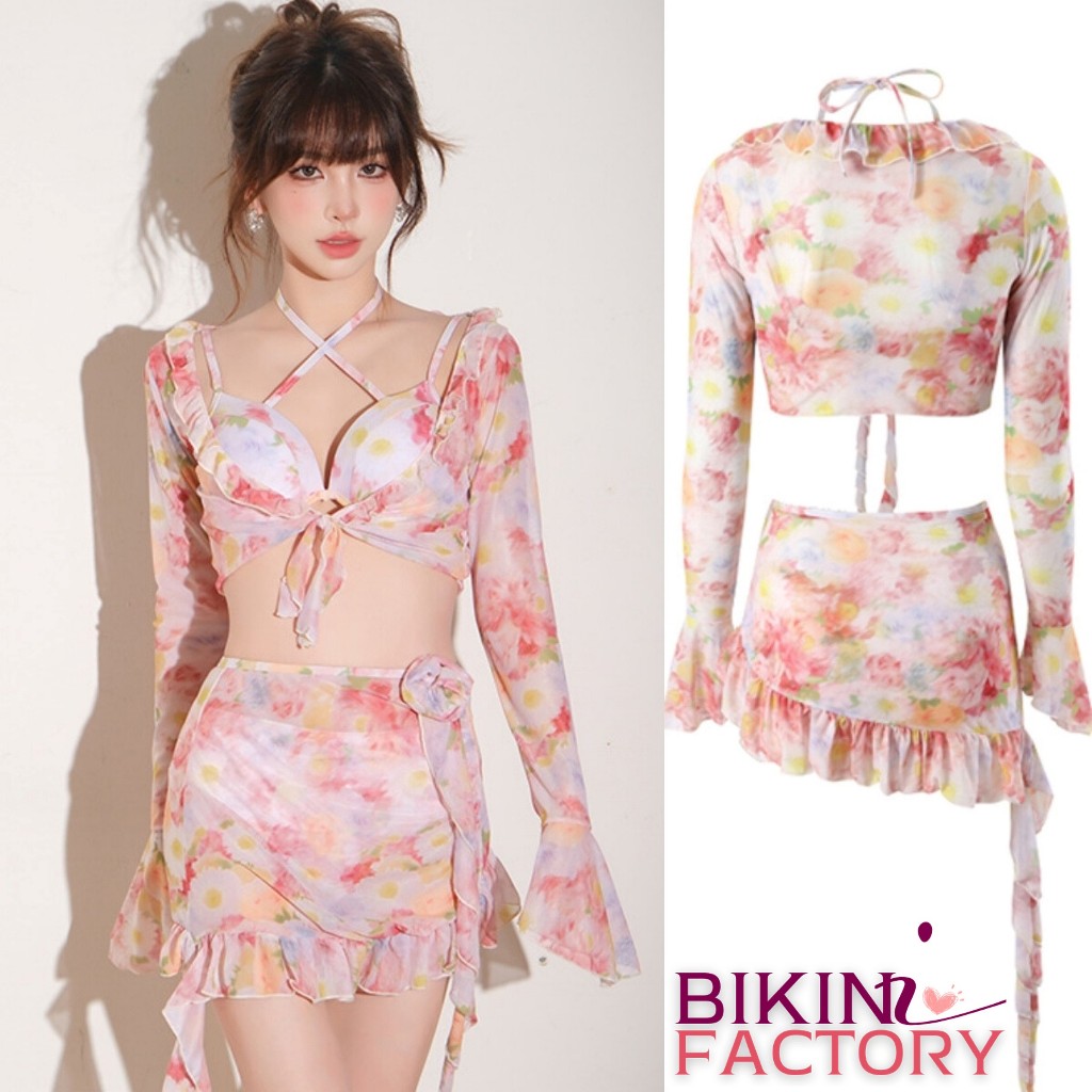 BIKINI FACTORY ชุดเดินชายหาด บิกินี่เซ็ต 4 ชิ้น กระโปรงสั้น ลายดอกไม้ (2 สี) BK-016